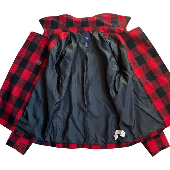 GAP Tea Plaid Buffalo Check Wool Pea Coat Size S Red Black Double Breasted Twee - Picture 7 of 11